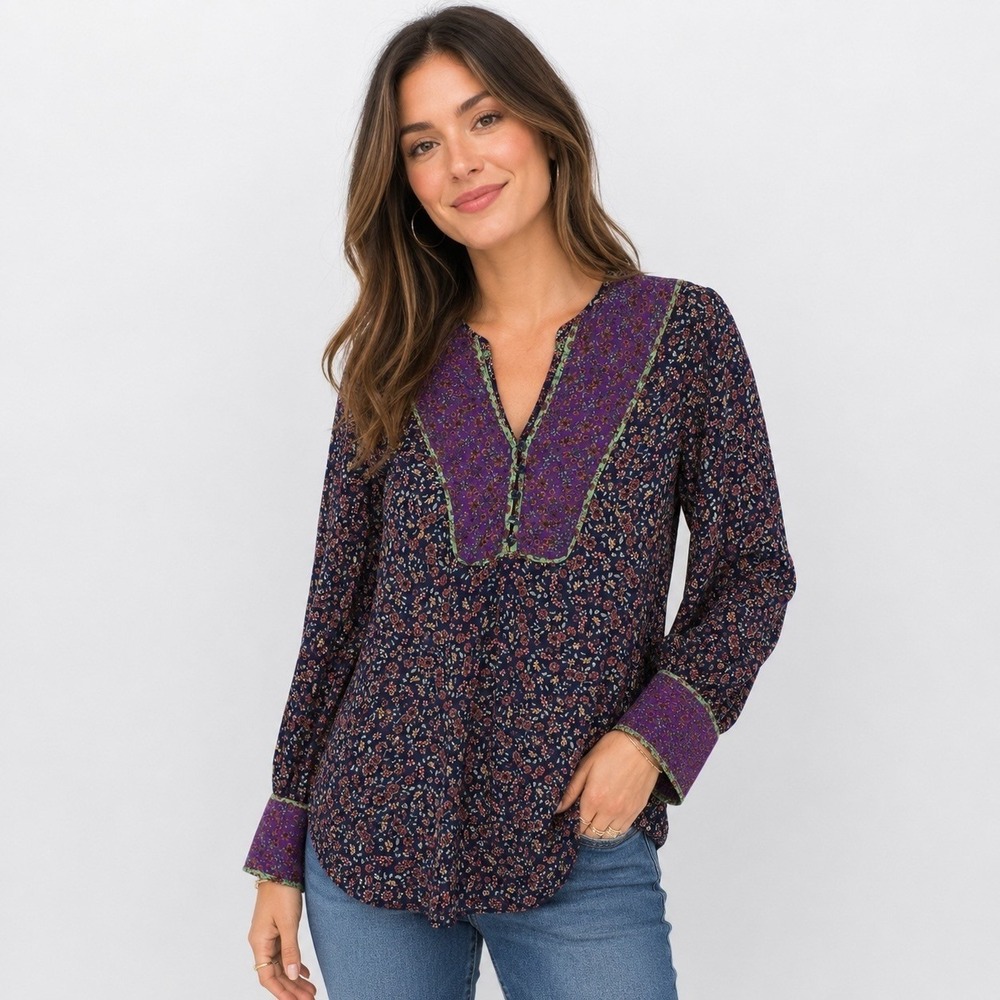 Veronica Beard Ditzy Floral Tunic Top Womens 6 Purple V Neck Long Sleeve Cottage